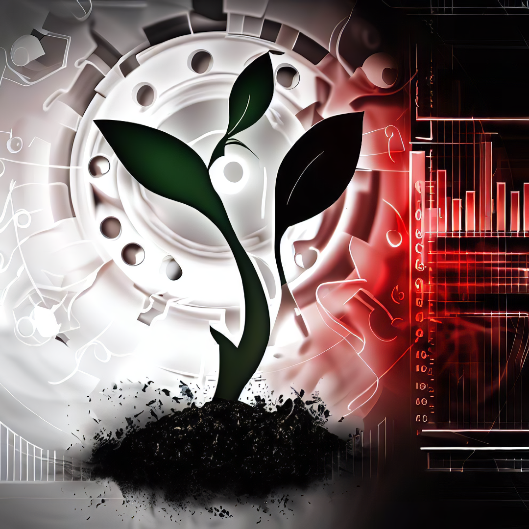 Digitale kunst van een plant die uit de aarde groeit, symboliseert groei en vooruitgang. Grafieken onderstrepen onze software voor rapportage bij V-NINE Solutions.